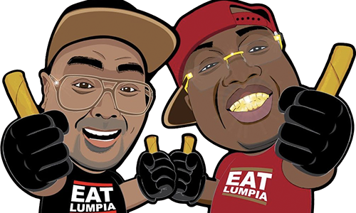 LeRoid David’s digital illustrations of The Lumpia Co. of proprietors Alex Retodo and Earl “E-40” Stevens smiling and holding pieces of lumpia in each hand while wearing T-shirts with the text Eat Lumpia