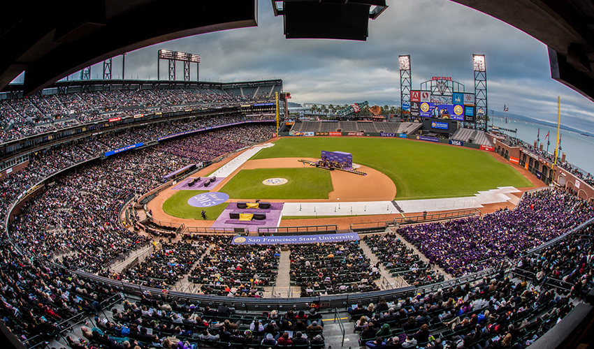 A panoramic photo of AT&T Park during last year's SF State Commencement ceremony.