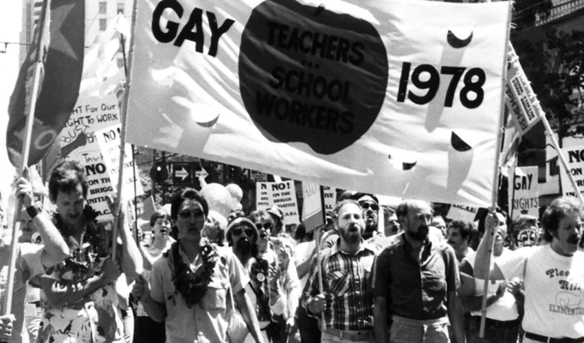 Gay teachers and school workers march in a parade in 1978