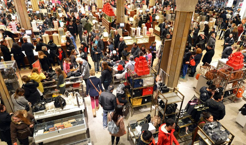 A crowded shopping mall during the holiday season