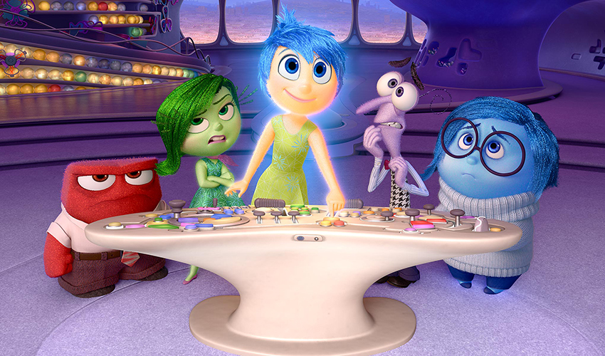 Still frame image from Pixar movie "Inside Out" shows five main characters
