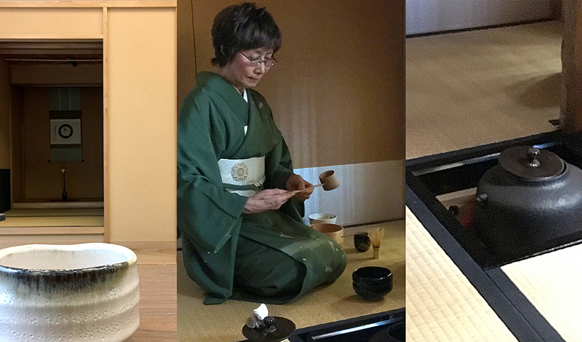 Collage of photos from a Japanese tea ceremony