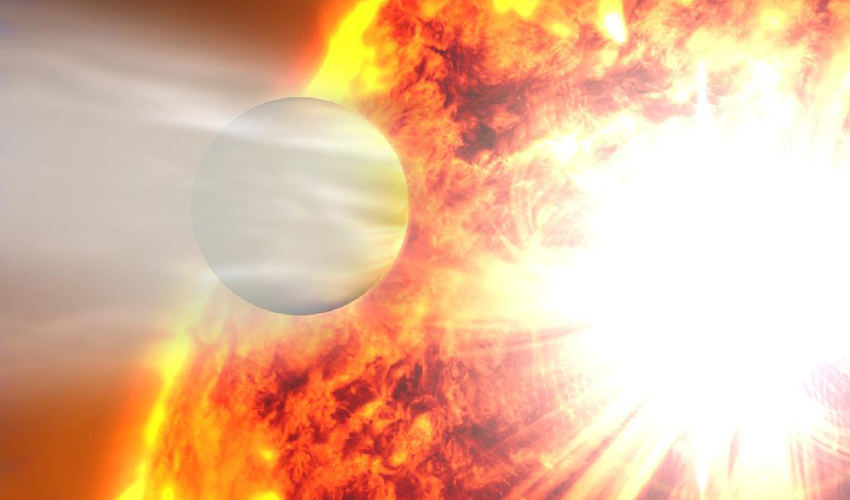 An artist's rendering of the planet HD 20782 passing by its star.