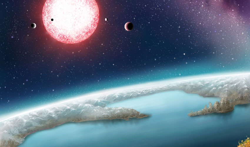 An artist's rendering of the surface of the exoplanet Kelper-186f.