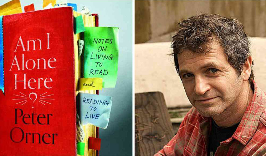 The bright red cover of "Am I Alone Here" appears on the left, author Peter Orner on the right