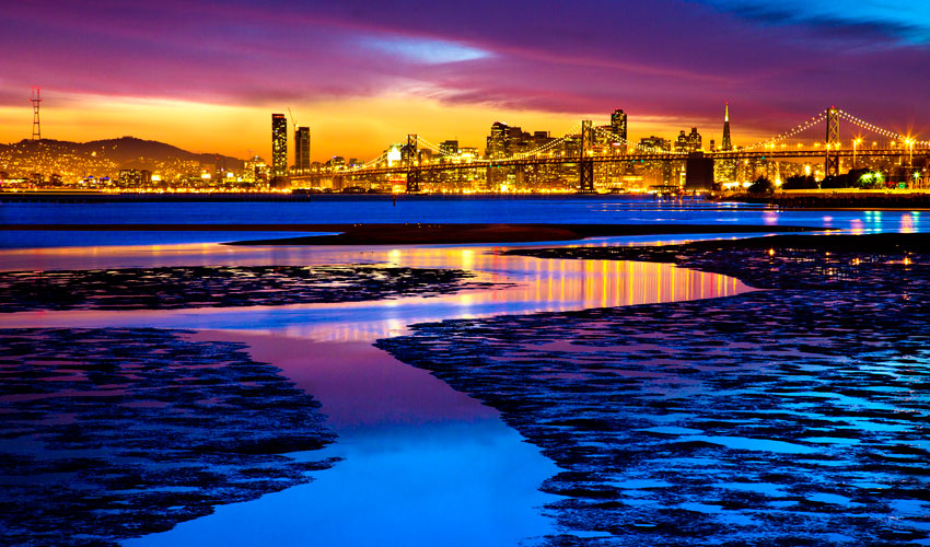 A photo of San Francisco Bay salt marshes in the foreground with the San Francisco skyline in the background, at dusk.