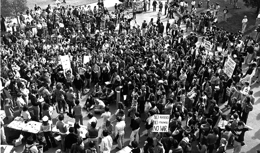 Anti-war demonstrators gather on the SF State Quad to protest against U.S. military involvement in Vietnam.