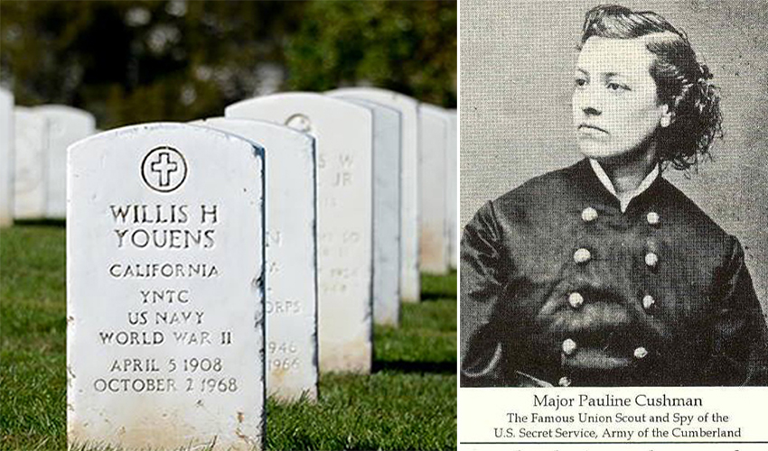 Split image of a female Civil War veteran and a shot of headstones in a national cemetery