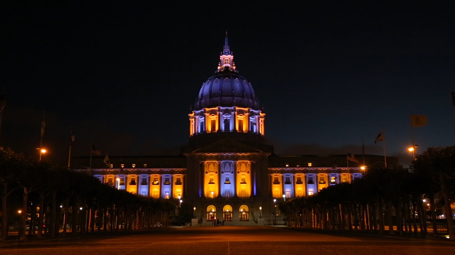 San Francisco City Hall with purple and gold lights