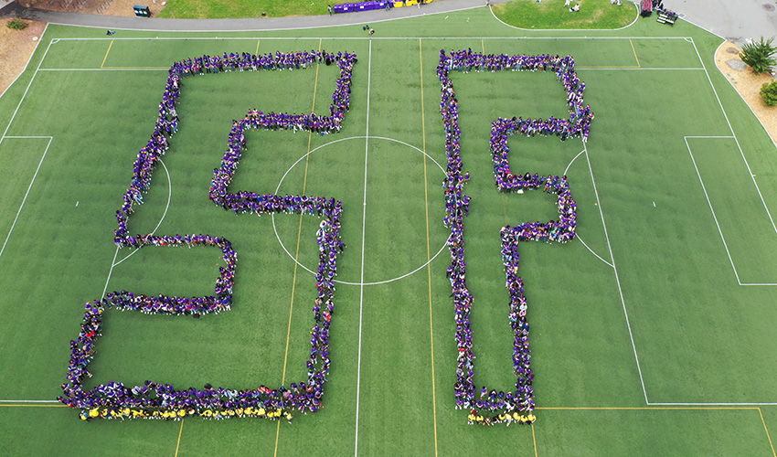 Aerial photo of students on a field dressed in purple T-shirts
