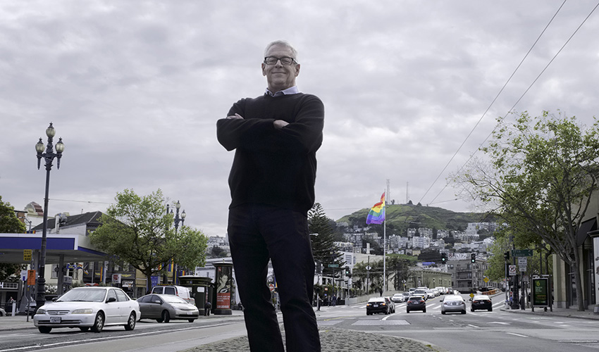 Cleve Jones standing in the Castro