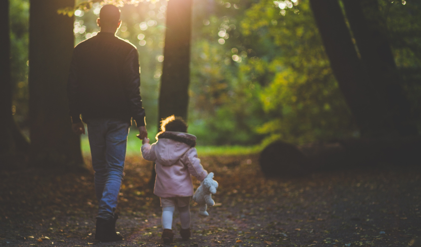 Man and child, holding hands, facing away from the camera and walking through woods.