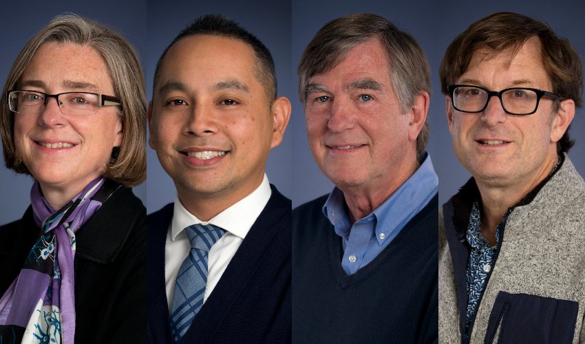 Four faculty members pose for the camera against gray backdrops