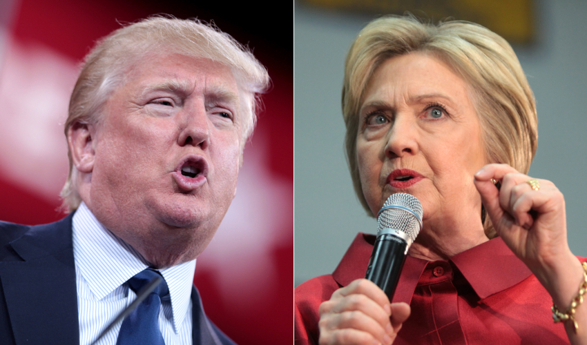 Hillary Clinton speaking into a microphone and Donald Trump speaking