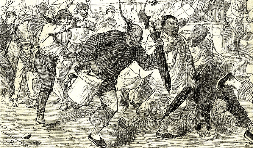 Illustration showing Chinese immigrants being attacked in San Francisco.