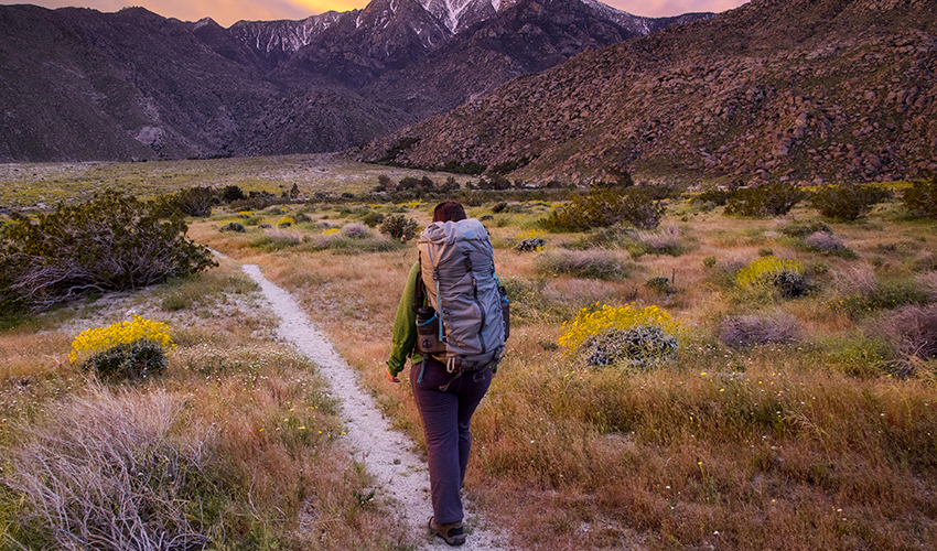 Person with a backpack walking along trail with mountains in the background.