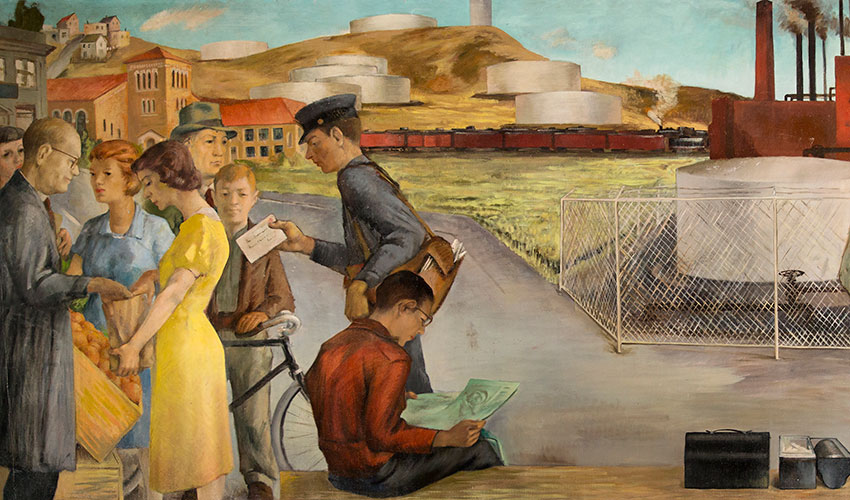 A mural shows oil refineries, a train moving through the background, a postman delivering a letter, a man reading a newspaper while sitting on a bench, four men standing and chatting with one another and people shopping for groceries in Richmond, California, in 1940.