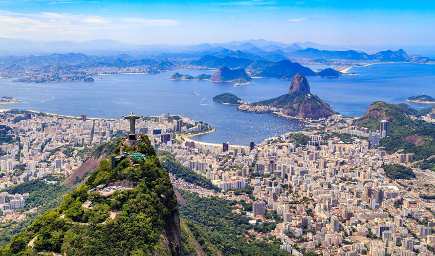 An aerial view overlooking the city of Rio de Janeiro, Brazil.