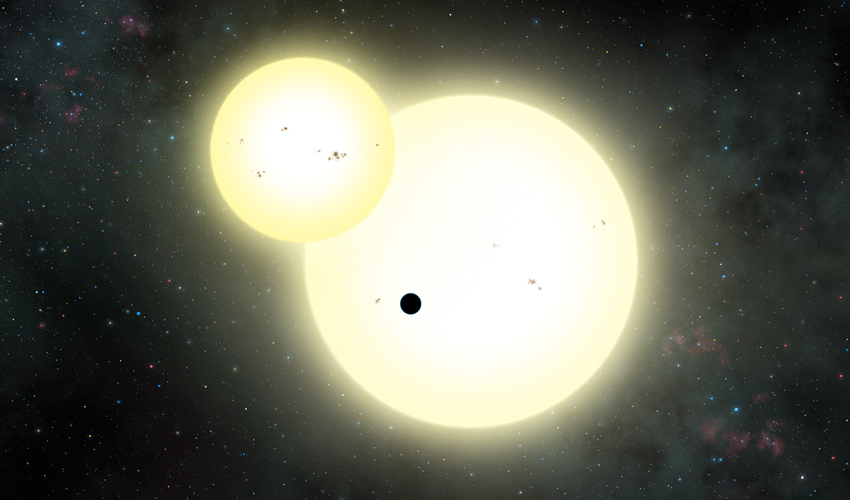 An artist’s rendering of the simultaneous stellar eclipse and planetary transit events on Kepler-1647b