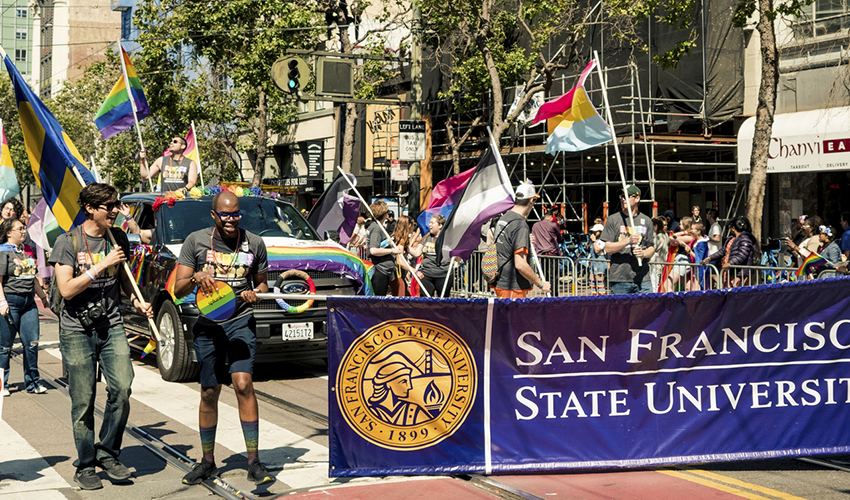 Marchers hold the an SF State banner and march in street