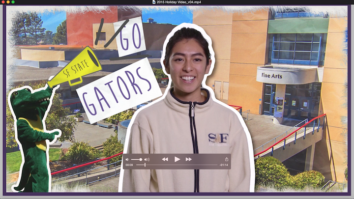 Video still-frame of student with Fine Arts building and Gator mascot (go gators!) in background