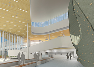 A rendering of the lobby of the Mashouf Wellness Center
