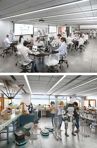 Renderings of studio-style chemistry classroom (top) and robotics lab (bottom).