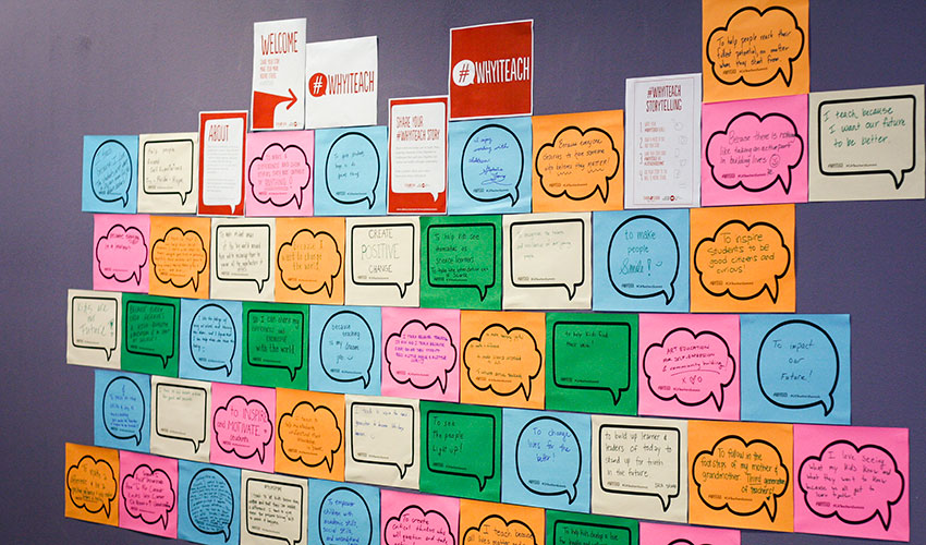 A billboard full of colorful Post-It notes with ideas for best-practices was used at last year's California Teachers Summit.