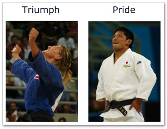 Photo of two Olympic athletes, one showing an expression of triumph with fists in the air and the other showing pride, with their hands out to their side