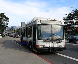 A shuttle bus arrives at the SF State campus