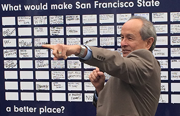 President Les Wong points into the crowd as he facilitates the official launch of the strategic plan in November 2013, with a board listing ideas for the plan behind him.