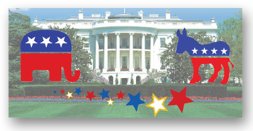 Photo of the White House with graphics of an elephant and donkey representing the Republican and Democratic parties