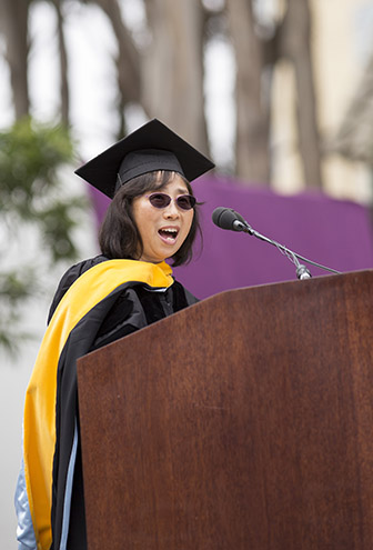 Rong Wang delivers the keynote address during SF State's Graduate Commencement ceremony