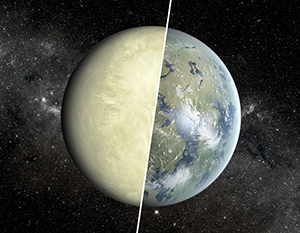 An artists rendering, showing Earth and Venus in a split image.