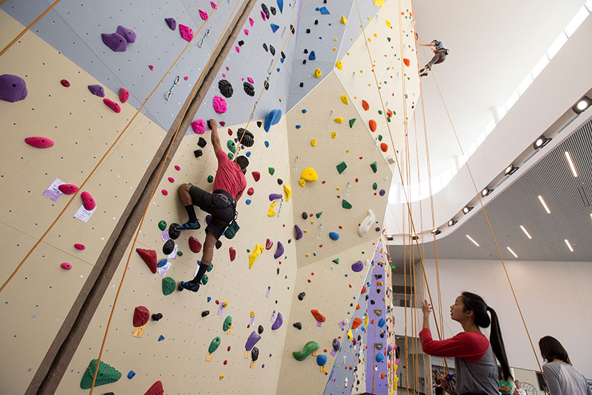 Three students climb on the colorful new climbing wall at the Mashouf Wellness Center.