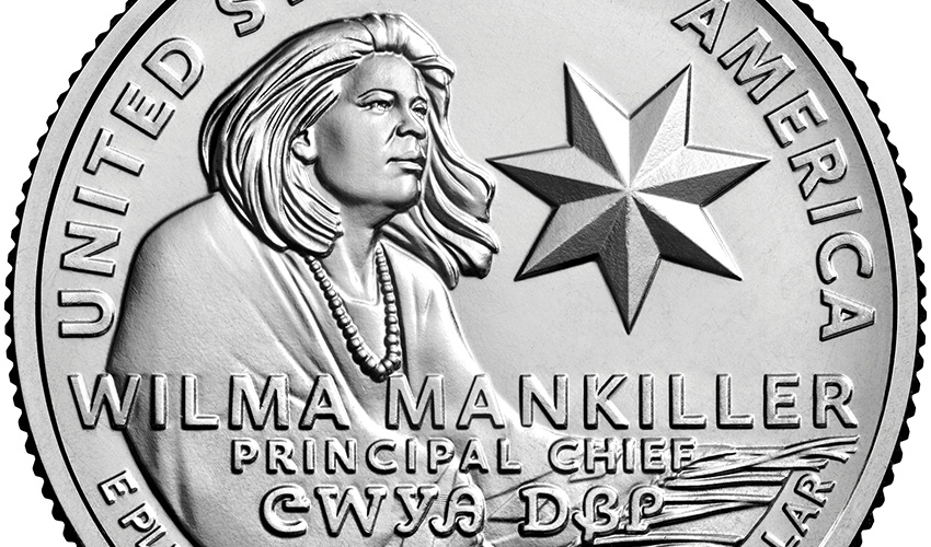 A coin featuring Wilma Mankiller and the star of the Cherokee Nation