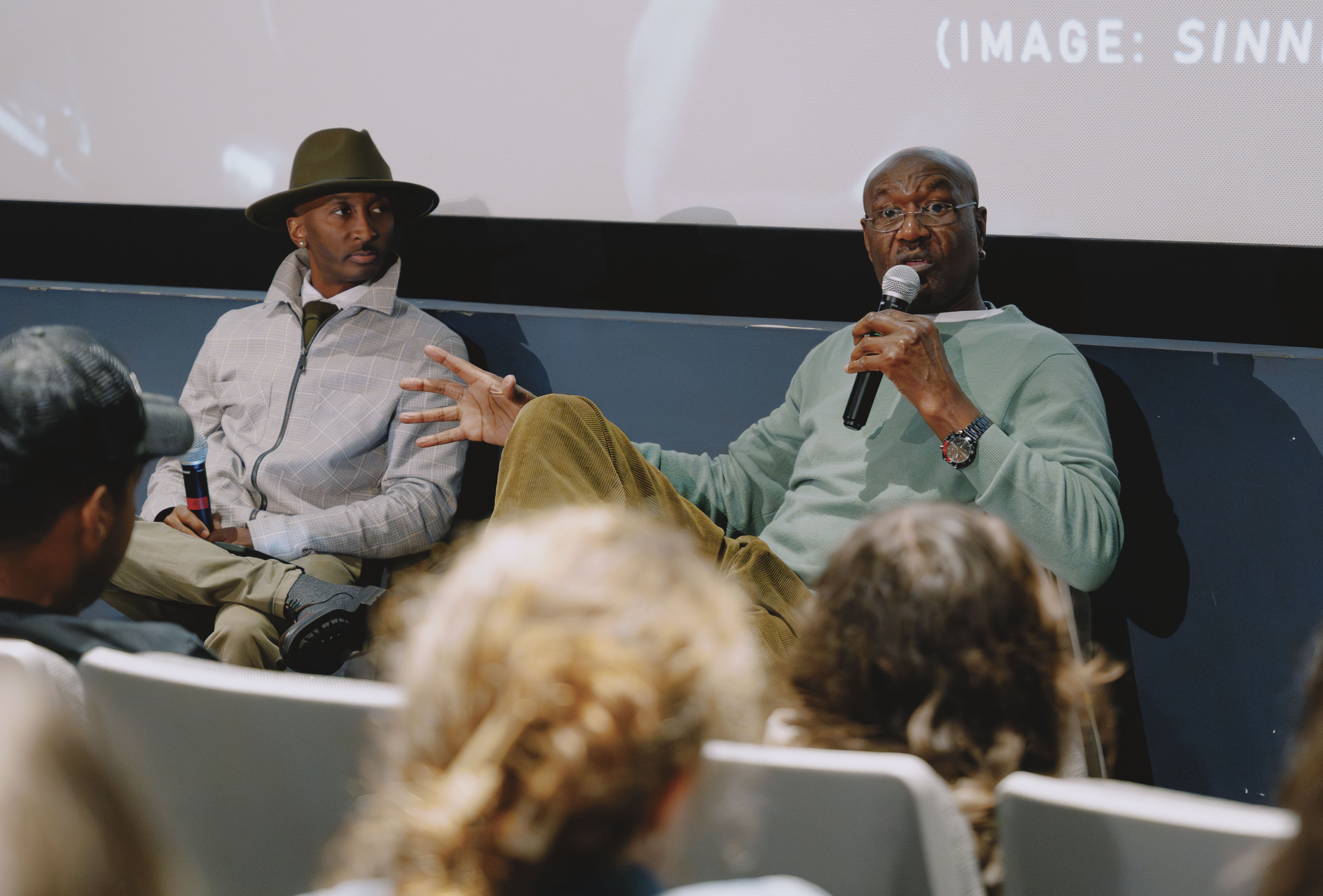 Delroy Lindo talks to students with Professor Artel Great