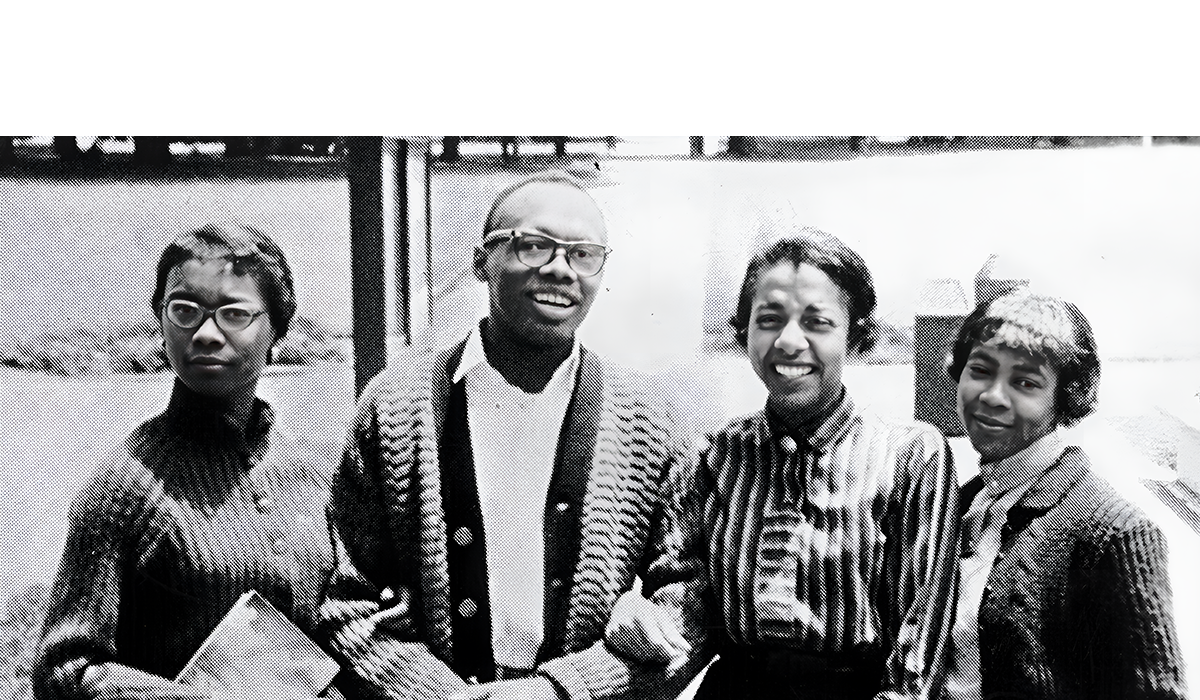 Willie Brown (second from left) stands with three other students on the then-new SF State campus by Lake Merced in the 1950s. Courtesy of the University Archives/J. Paul Leonard Library.