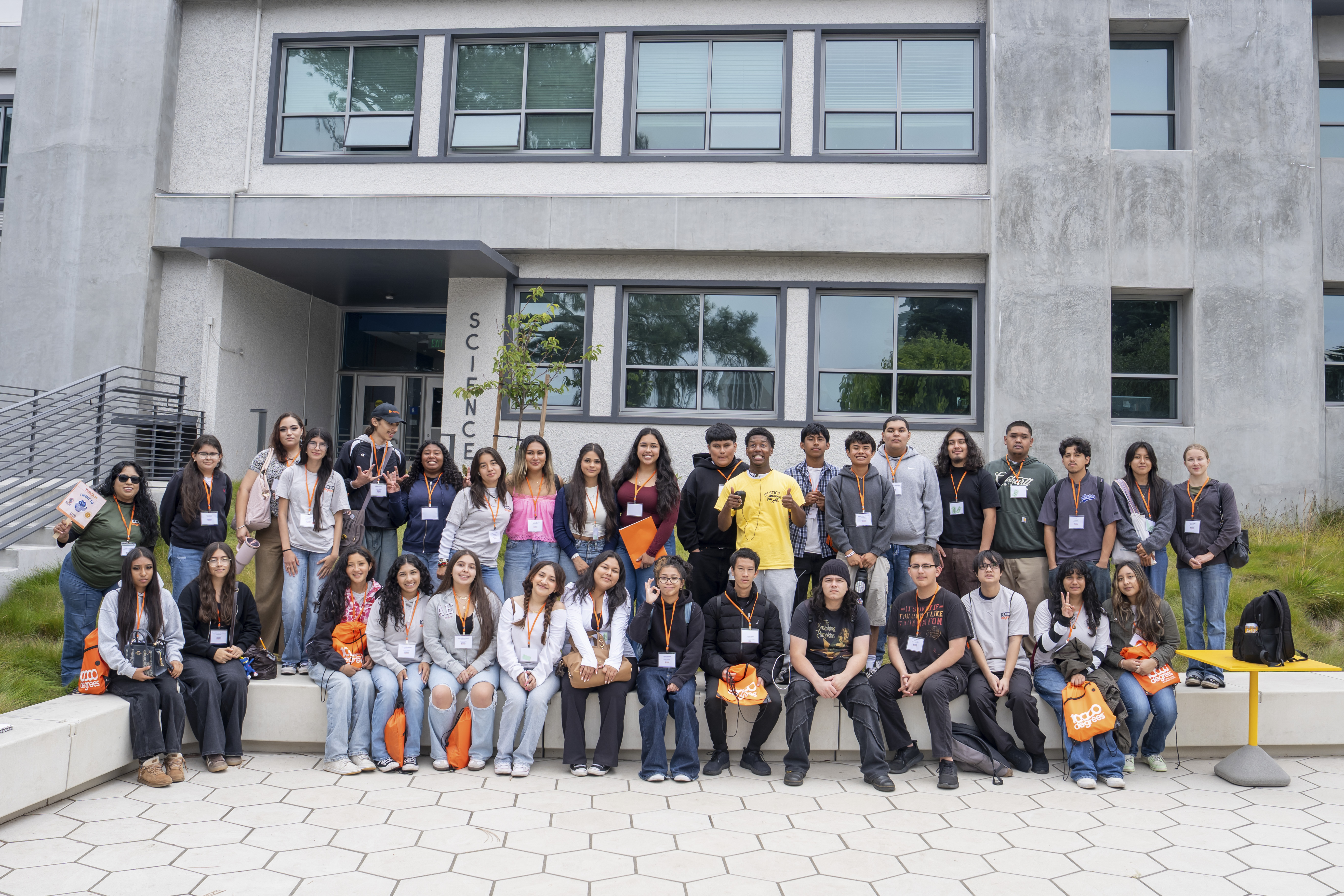 Students gather outside Science building on the SFSU campus