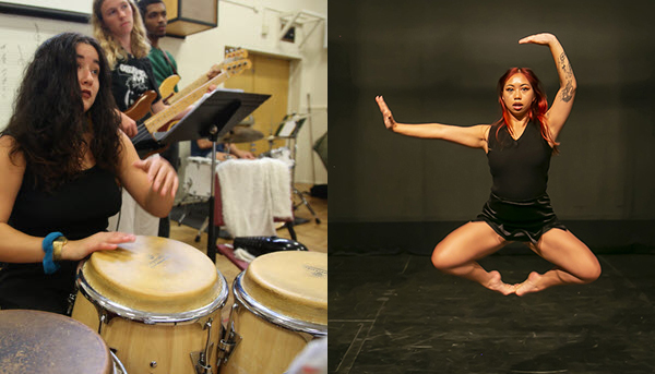 Photos of Percussionists, a guitarist, a bassist and other student musicians rehearsing and student dancer Geneva Dela Cruz posing in midair
