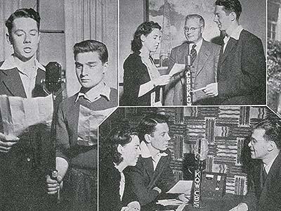 Black and white composite image of people talking into a microphone for radio