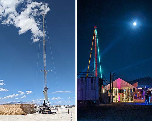 a 100-foot tower in the middle of the desert during the day (left) and at night (right) when it displays colorful lights