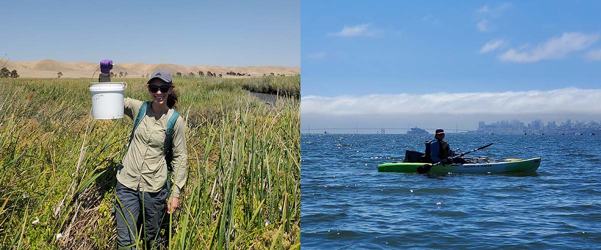 Catie standing in a marsh with a bucket (left) and Catie in a canoe on the water (right)