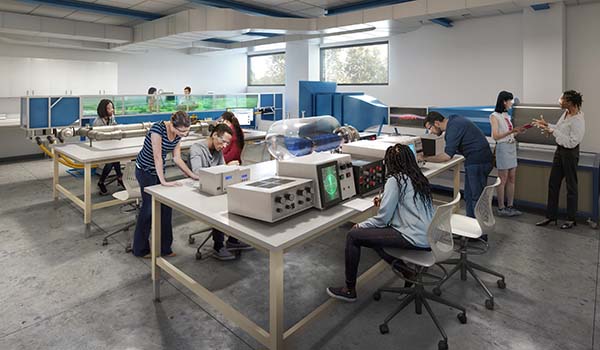 Rendering of students in lab working with wind tunnel and other equipment