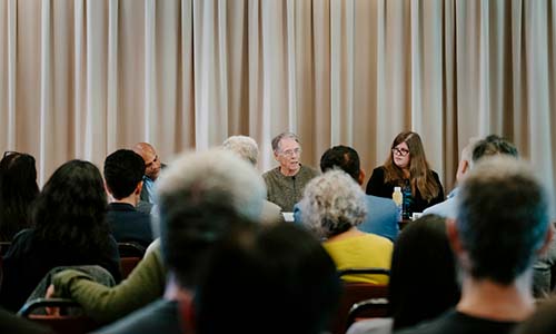 Kim Stanley Robinson and faculty panel talking to 200 people