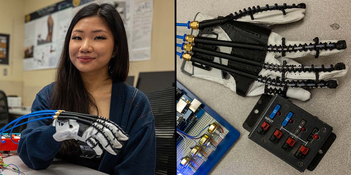 Lauren Gan wearing exo glove (right) and close up image of exoskeleton glove (left)