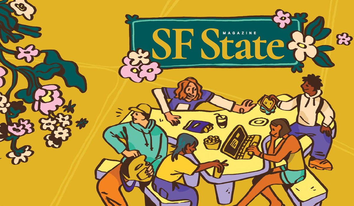 The SF State Magazine spring/summer 2025 issue cover illustration depicting students seated at tables in a dining area in front of a yellow background