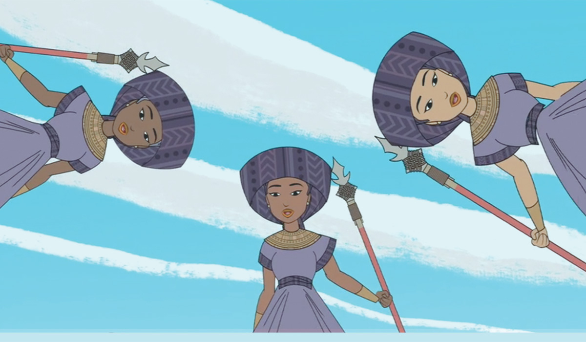 A still image from &quot;A Pocket Magic Flute&quot; depicting three people looking downward while wearing Egyptian crowns and holding staffs with a partly cloudy sky visible behind them