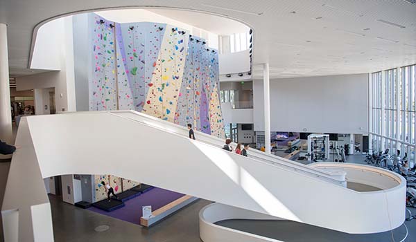 Mashouf Wellness Center with climbing wall and high walkways