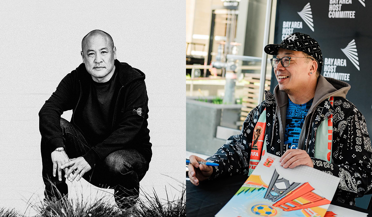 Dan Nakamura black and white photo while he crouches in grass and LeRoid David photo of him signing autographs of his poster while seated outdoors at a booth